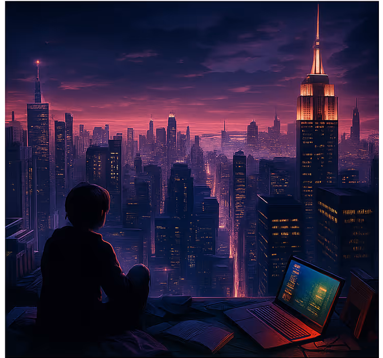 Cortina roller geek vista de jugador de rascacielos futurista - TenVinilo