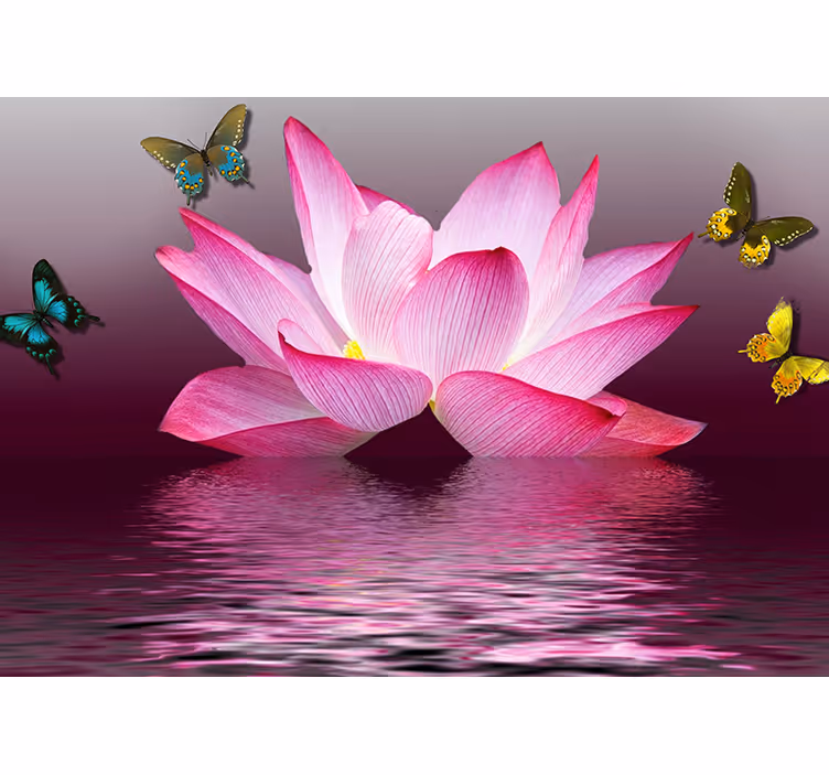Cortina roller living comedor flor loto rosa con mariposas - TenVinilo