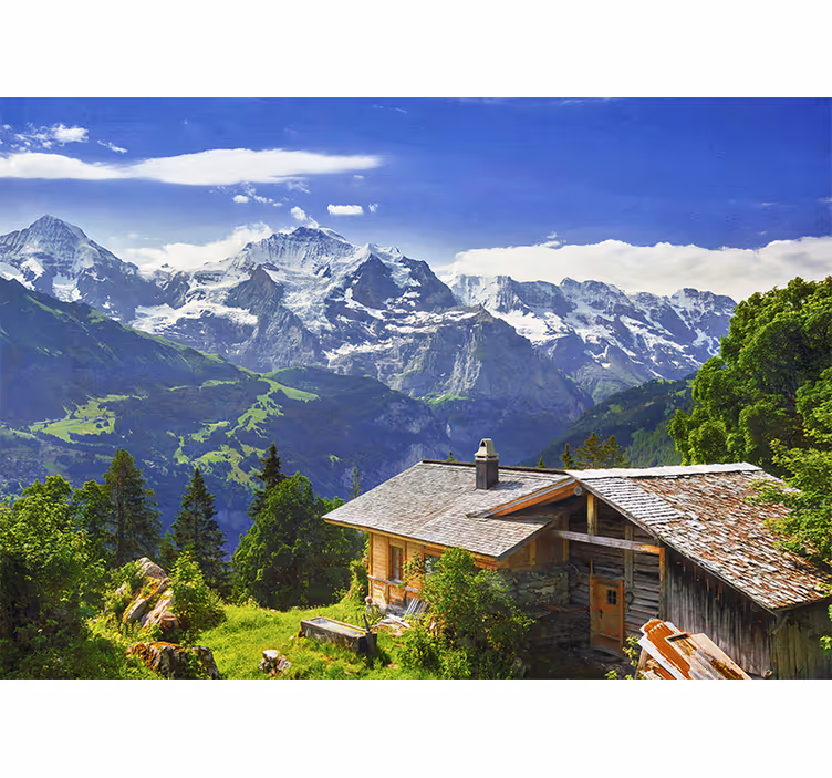 Cortina roller living comedor montañas nevadas y campo verde - TenVinilo