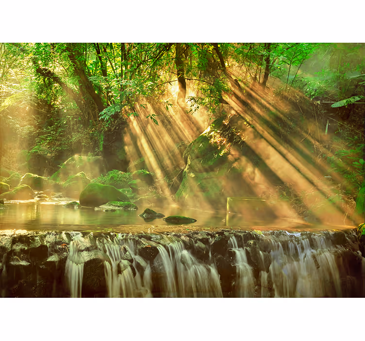 Cortina roller habitación hermoso bosque pequeña cascada - TenVinilo