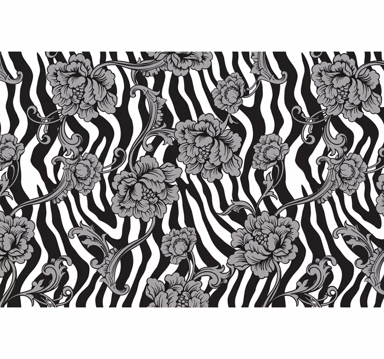 Cortina roller negra estampado cebra y flores ornamentales - TenVinilo
