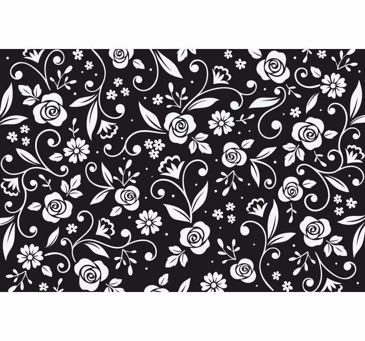 Cortina roller negra con patrón de flores blancas - TenVinilo