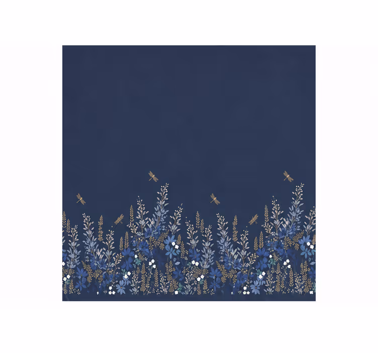 Cortina roller azul patrón de hierba y flores con insectos - TenVinilo