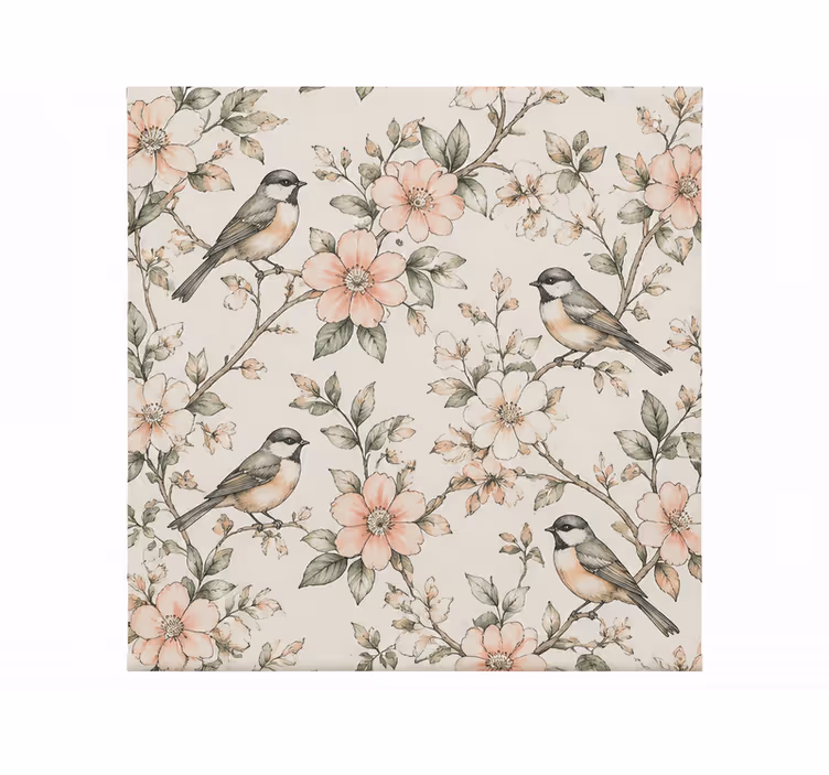 Cortina roller naranja con diseño de pájaros y flores - TenVinilo