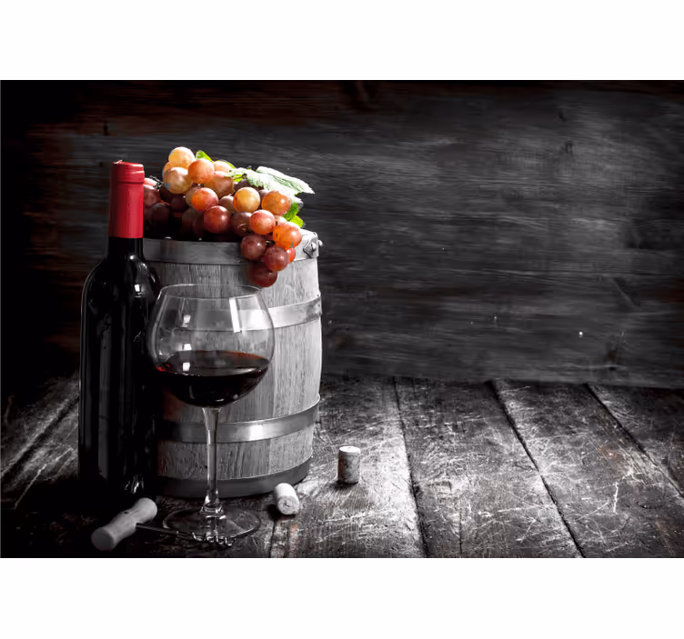 Fotomural 3D Barril de madera con botella de vino - TenVinilo
