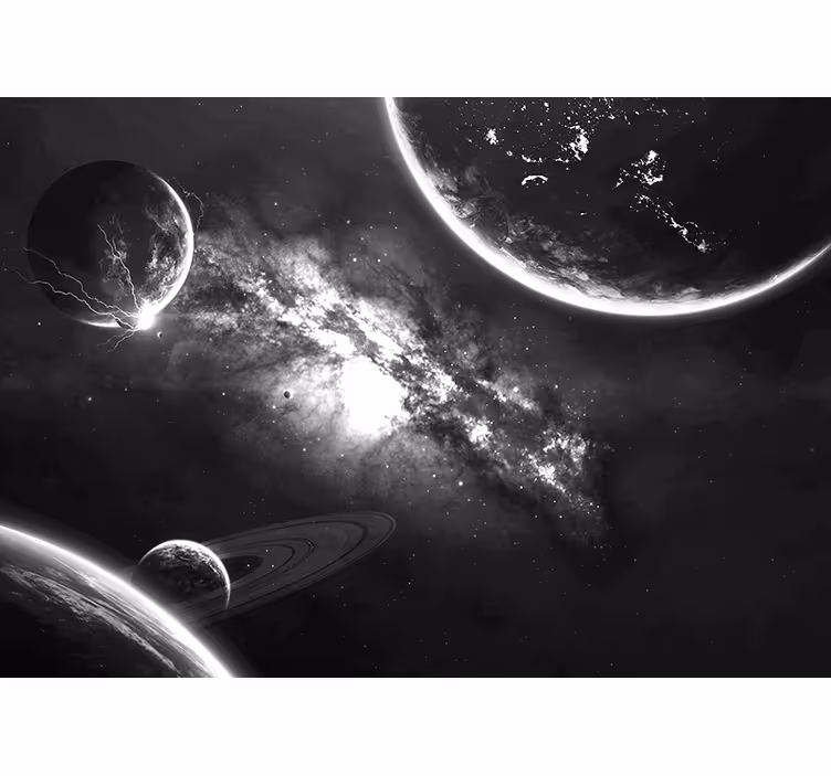 Fotomural de paisaje Galaxias y planetas en gris. - TenVinilo