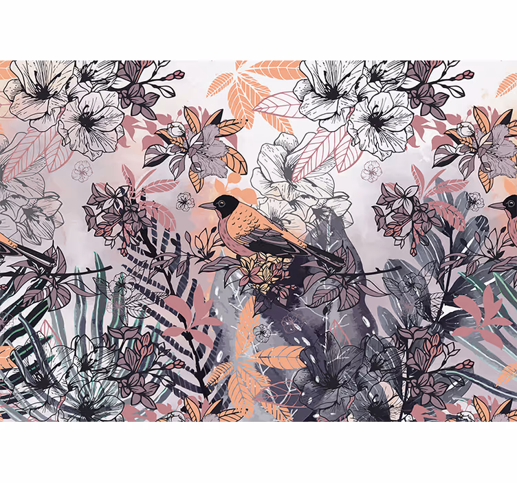 Fotomural naturaleza Pájaros y hojas tropicales multicolores - TenVinilo