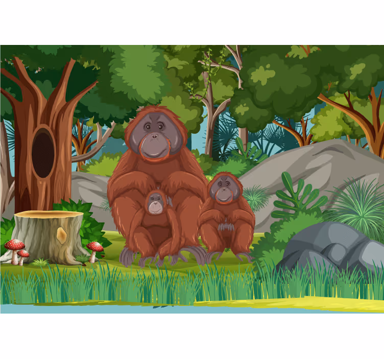 Mural de animales escena familiar de orangutanes - TenVinilo
