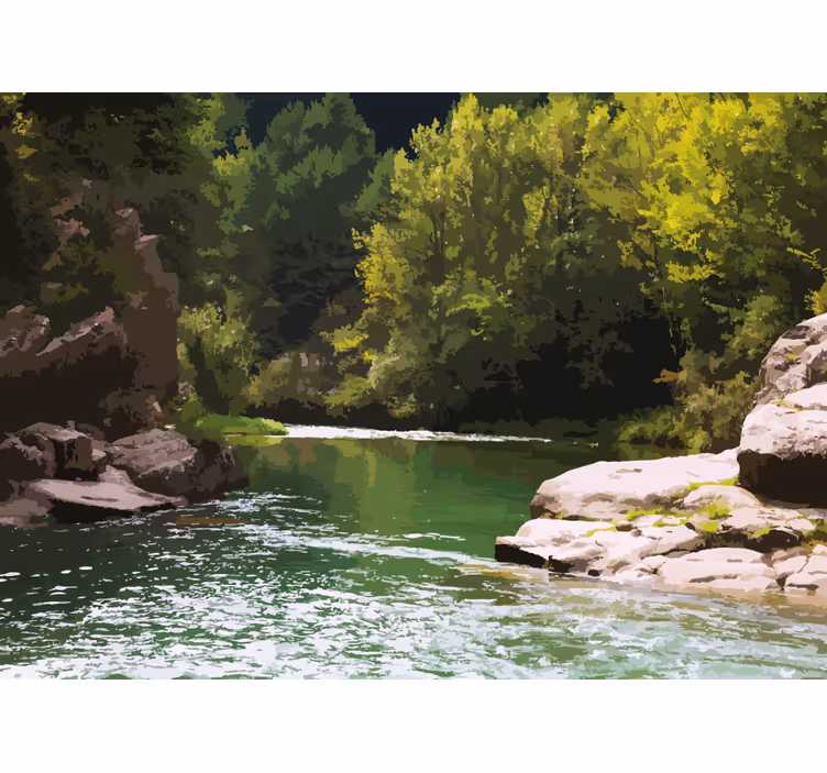 Fotomural naturaleza Montañas con árboles y un río. - TenVinilo