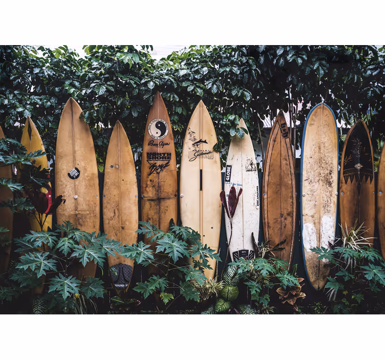 Mural de vehículos tablas de surf en exhibición - TenVinilo