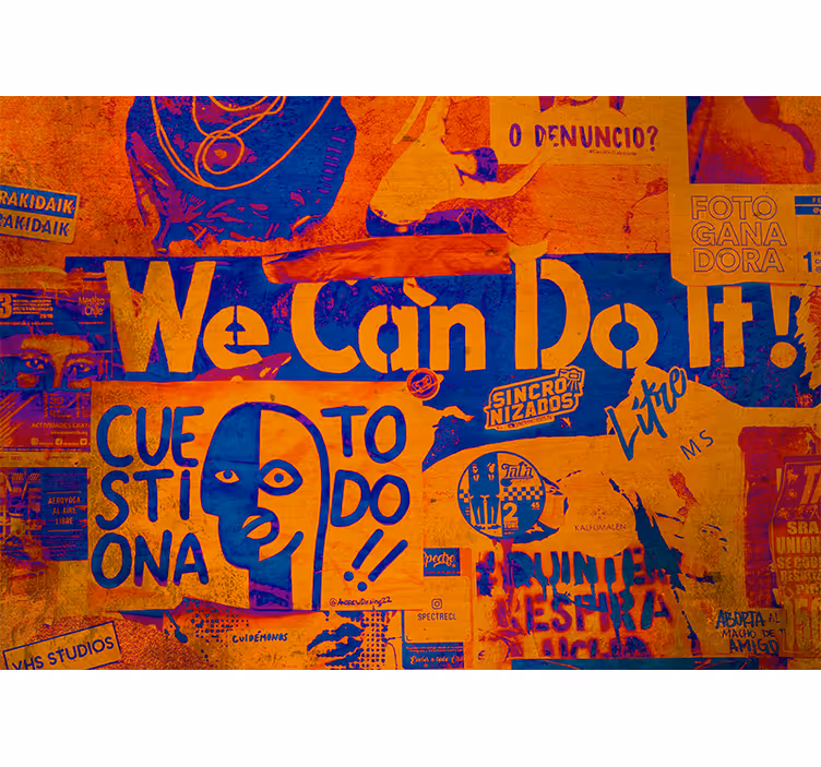 Mural para salón Cartel naranja y azul podemos hacerlo - TenVinilo