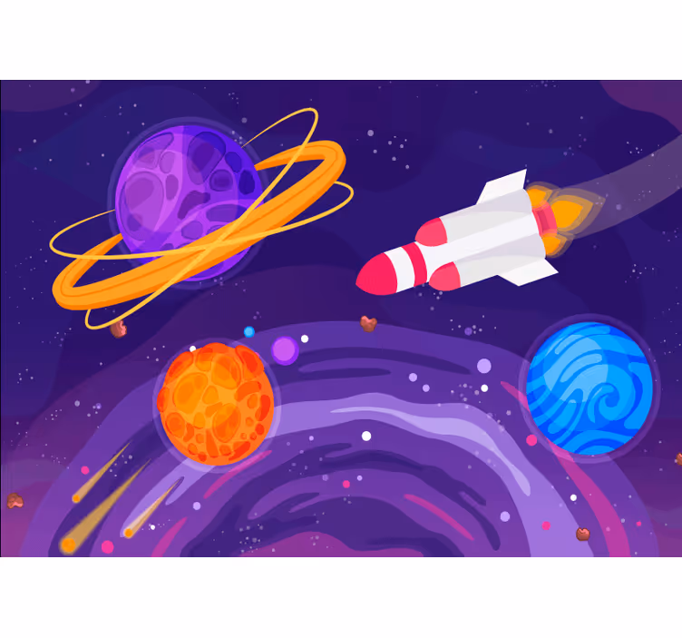 Mural infantil Planetas y naves espaciales de galaxias de dibujos - TenVinilo