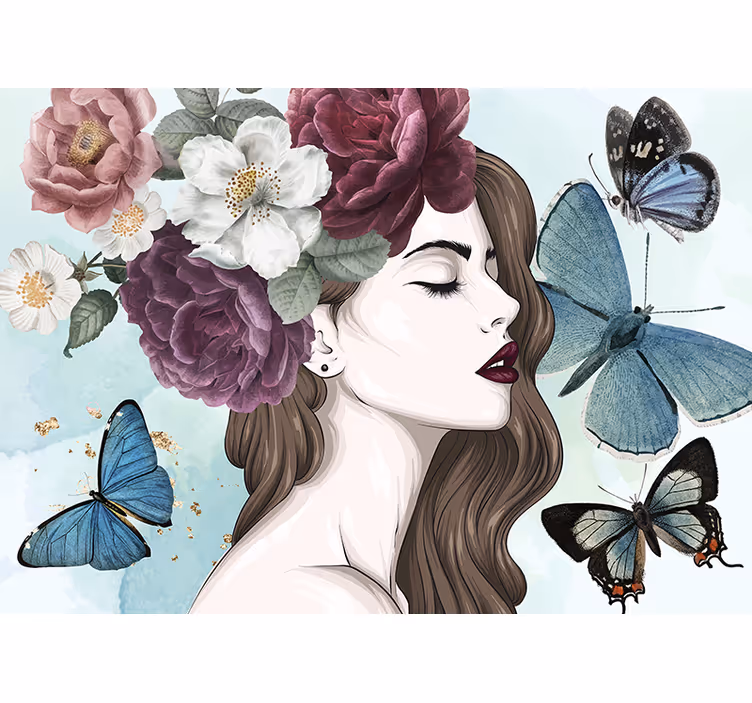 Mural de flores mujer con mariposas - TenVinilo