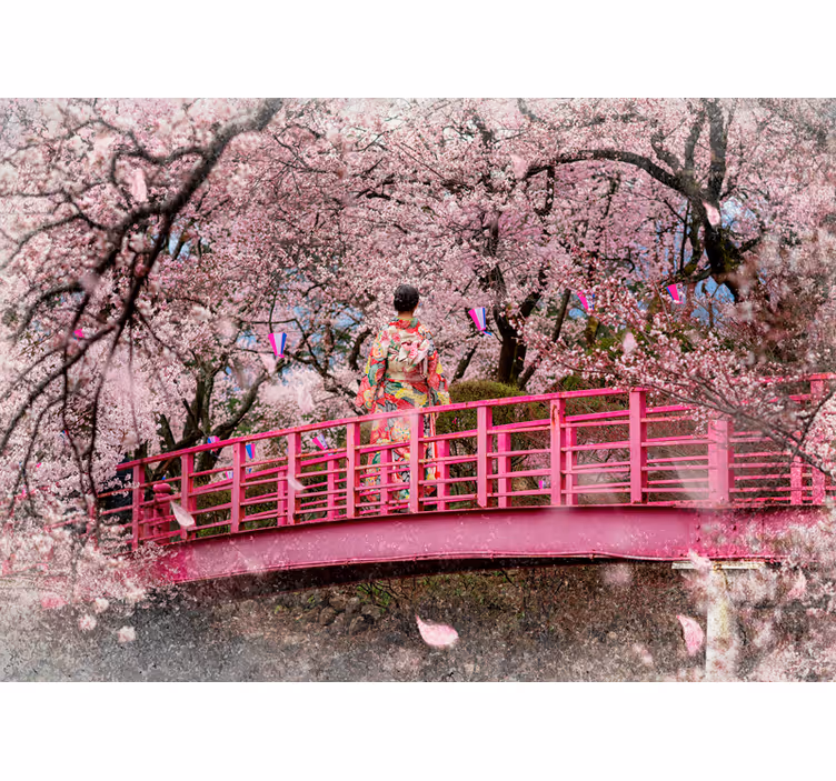 Fotomural flores Flor de cerezo y un puente rojo - TenVinilo
