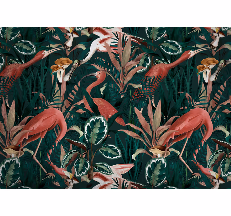 Mural de animales flamencos en el follaje - TenVinilo