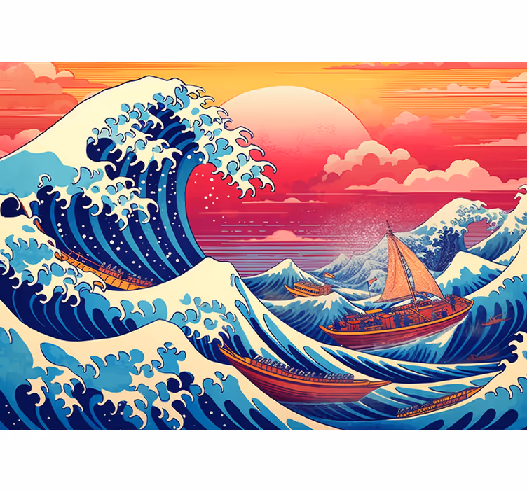 Fotomural arte clásico colores saturados de onda japonesa - TenVinilo
