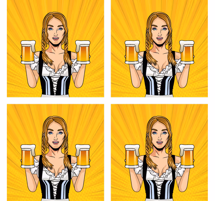 Posavasos cerveza mujer alegre sosteniendo cervezas - TenVinilo