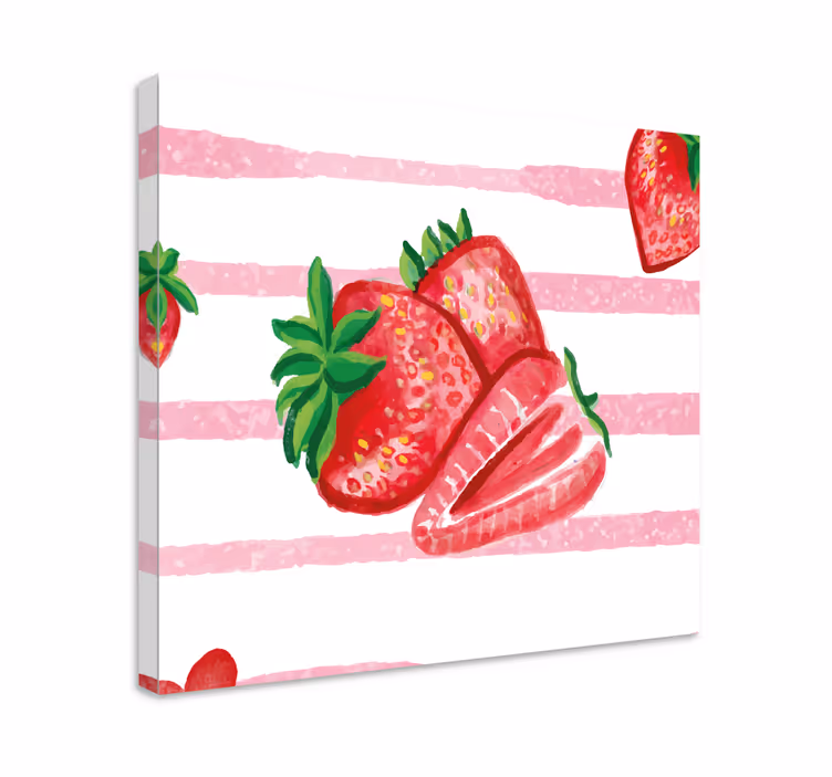 Cuadro bodegones Fresas pintadas con fondo rayado - TenVinilo
