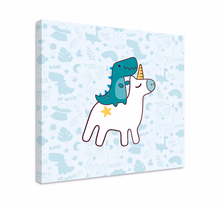 Cuadro de unicornios dinosaurio montando unicornio - TenVinilo