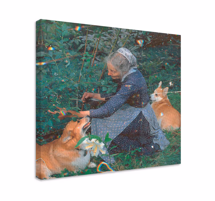 Cuadro de perro mujer con corgis - TenVinilo