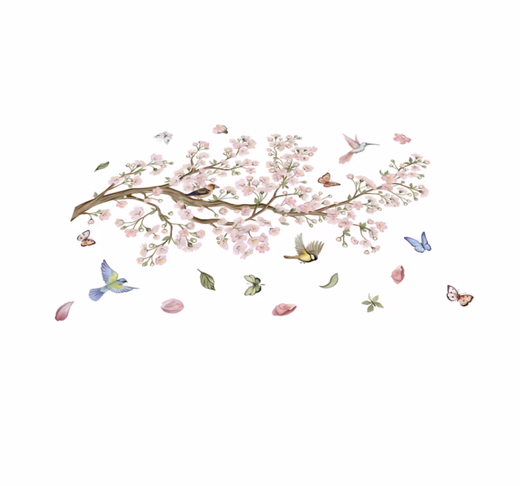Alfombra vinílica flores flor de cerezo con pájaros - TenVinilo