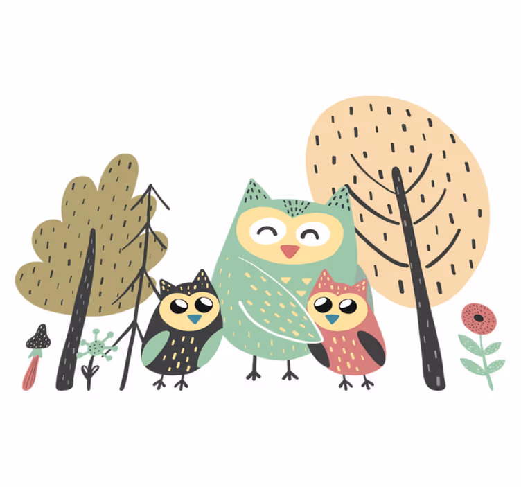 Aflombra vinílica animales búhos coloridos en árbol - TenVinilo