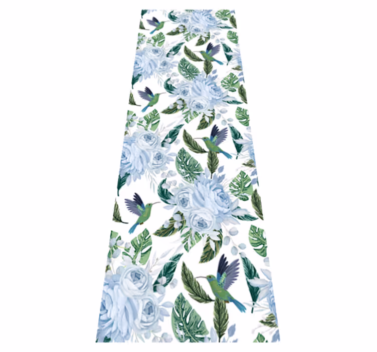 Alfombra vinílica flores jardín azul con pájaros - TenVinilo