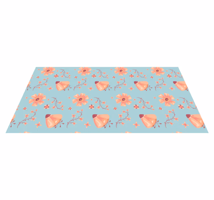 Alfombra vinílica flores naranjas sobre fondo azul - TenVinilo