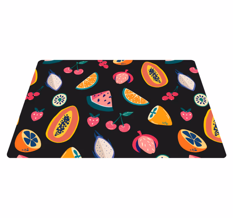 Alfombra vinílica naturaleza frutas multicolor fondo negro - TenVinilo