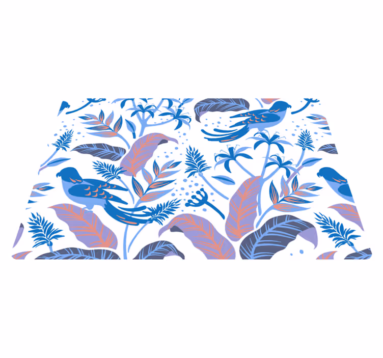 Alfombra vinílica flores aves azules y rosas sobre hojas - TenVinilo