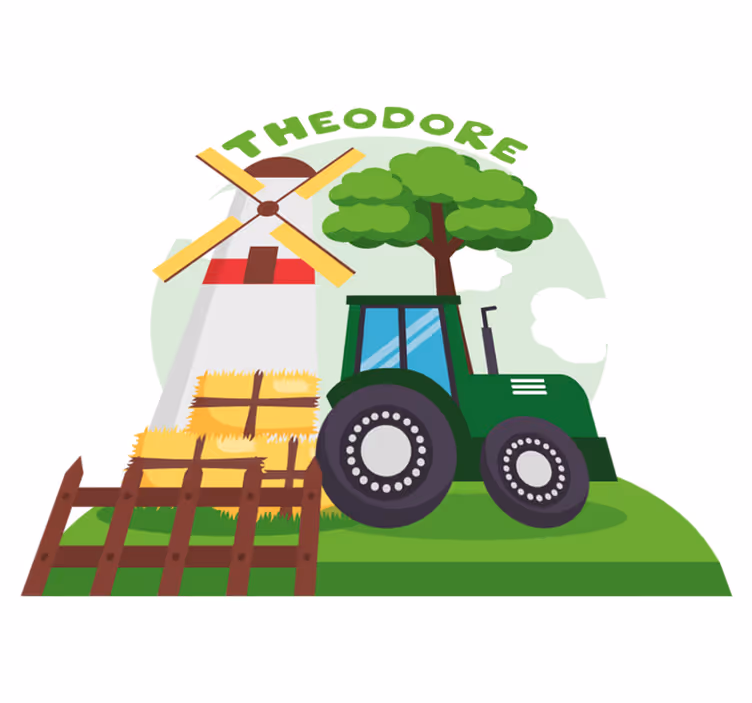 Alfombra vinílica infantil tractor verde con colinas y nubes - TenVinilo