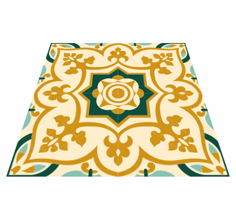Alfombra vinílica baño patrón azulejos verdes y dorados - TenVinilo