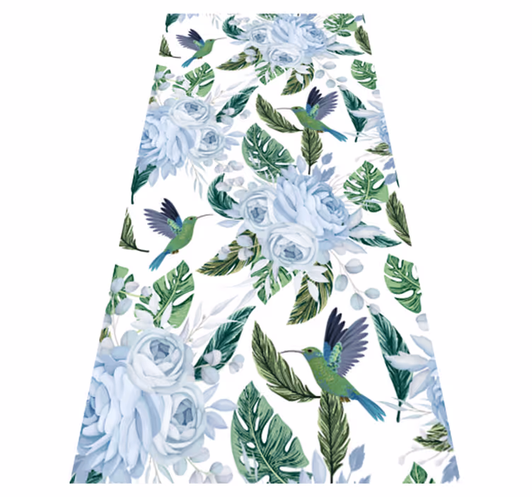 Alfombra vinílica cocina flores de jardín azules con pájaros - TenVinilo