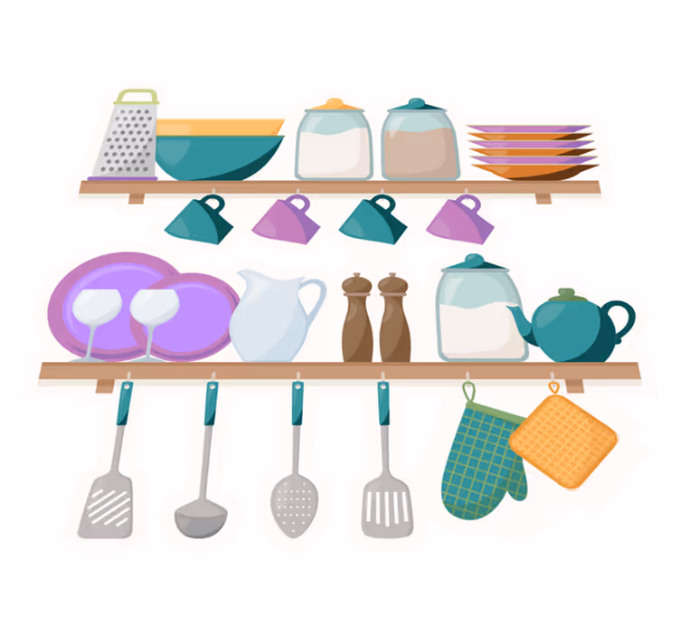Alfombra vinílica cocina estantes de cocina con utensilios - TenVinilo