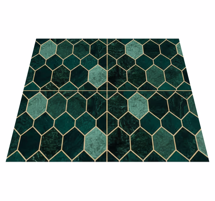 Alfombra vinílica cocina escala verde contorno dorado - TenVinilo