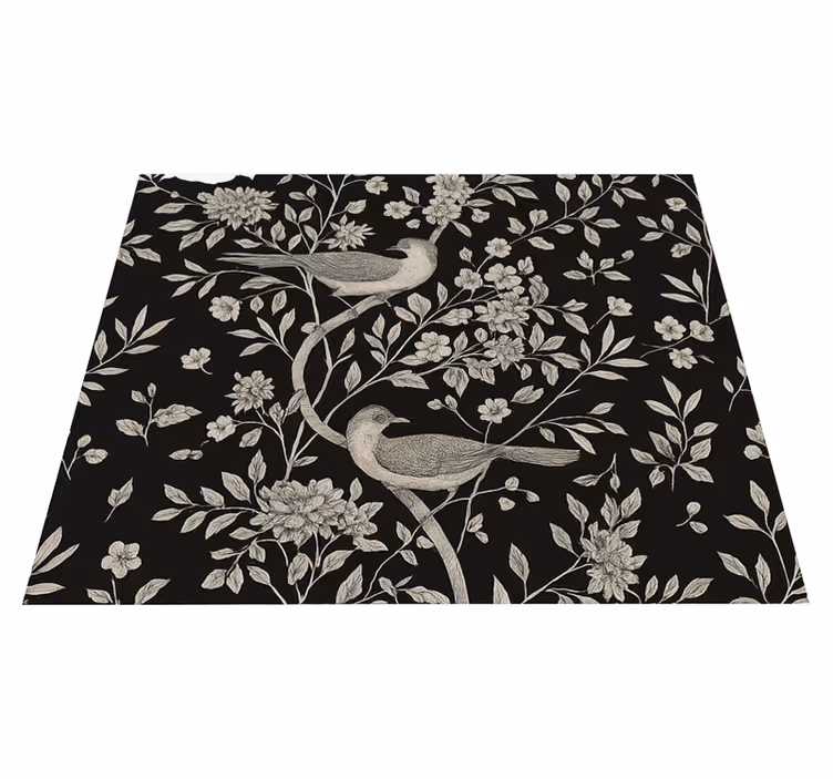 Alfombra vinílica dormitorio Árbol gris con flores y pájaros - TenVinilo