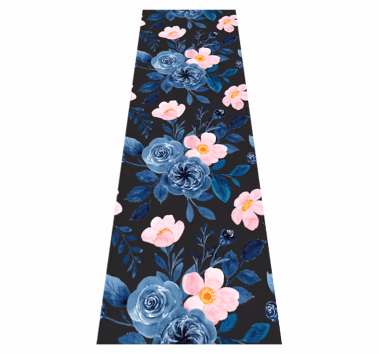 Alfombra vinílica salón patrón azul y rosa sobre fondo negro - TenVinilo