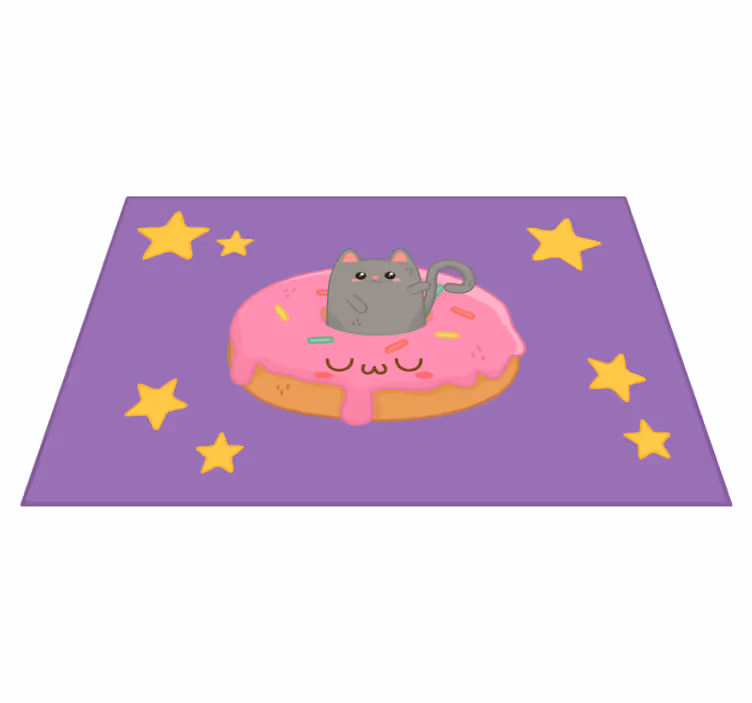 Alfombra vinílica lila gato y donut - TenVinilo