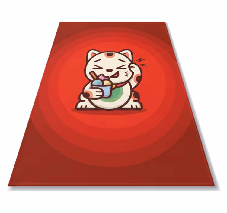 Alfombra vinílica roja gato lindo con helado - TenVinilo