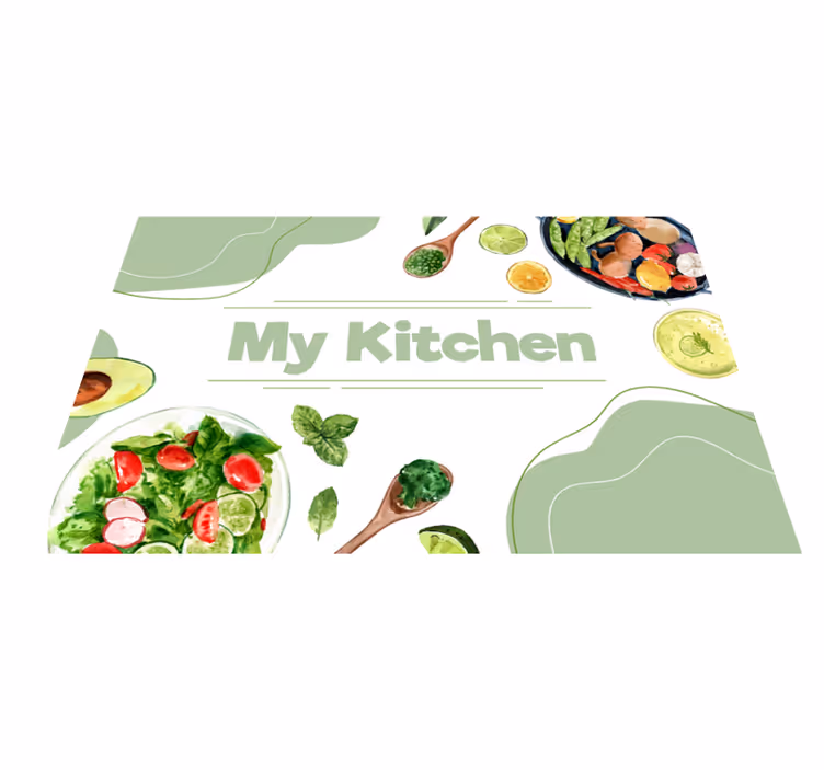 Alfombra vinilo cocina utensilios con vegetales - TenVinilo