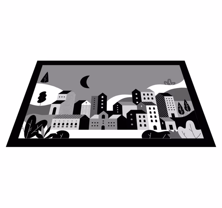 Alfombra vinílica moderna paisaje urbano en blanco y negro - TenVinilo