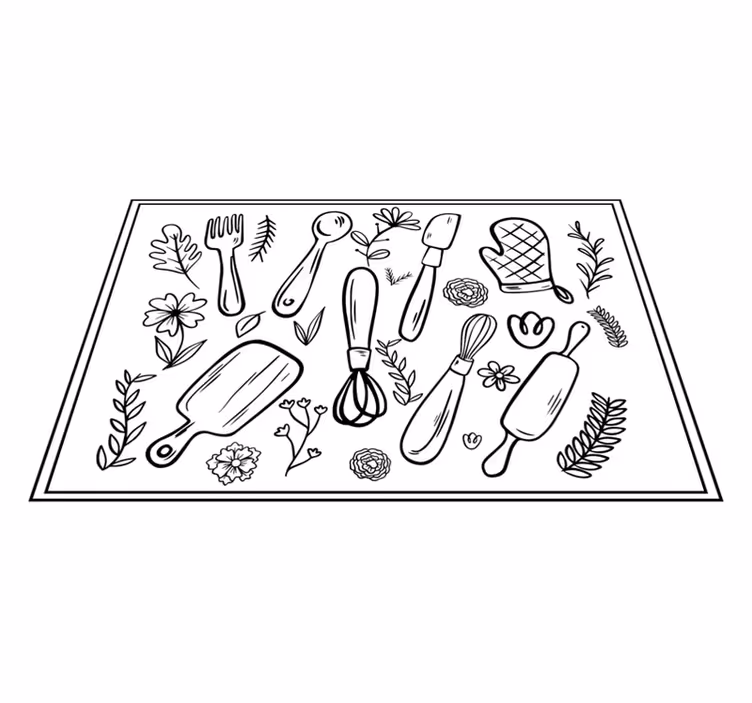 Alfombra vinilo cocina Diseño floral y ornamental con utensilios. - TenVinilo