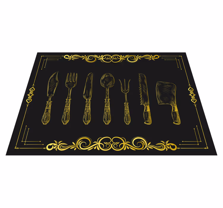 Alfombra vinilo cocina Utensilios de oro vintage sobre fondo negr - TenVinilo