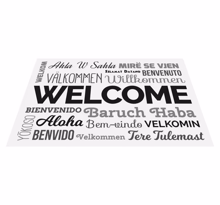 Alfombra vinílica recibidor diseño de bienvenida multilingüe - TenVinilo