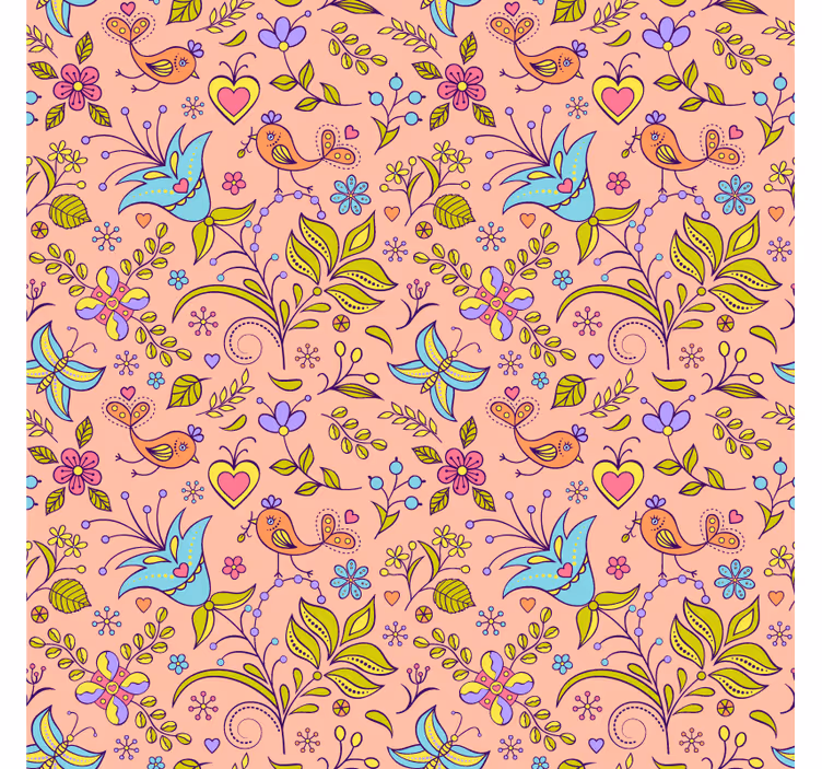 Papel tapiz naturaleza patrón floral con aves y mariposas - TenVinilo