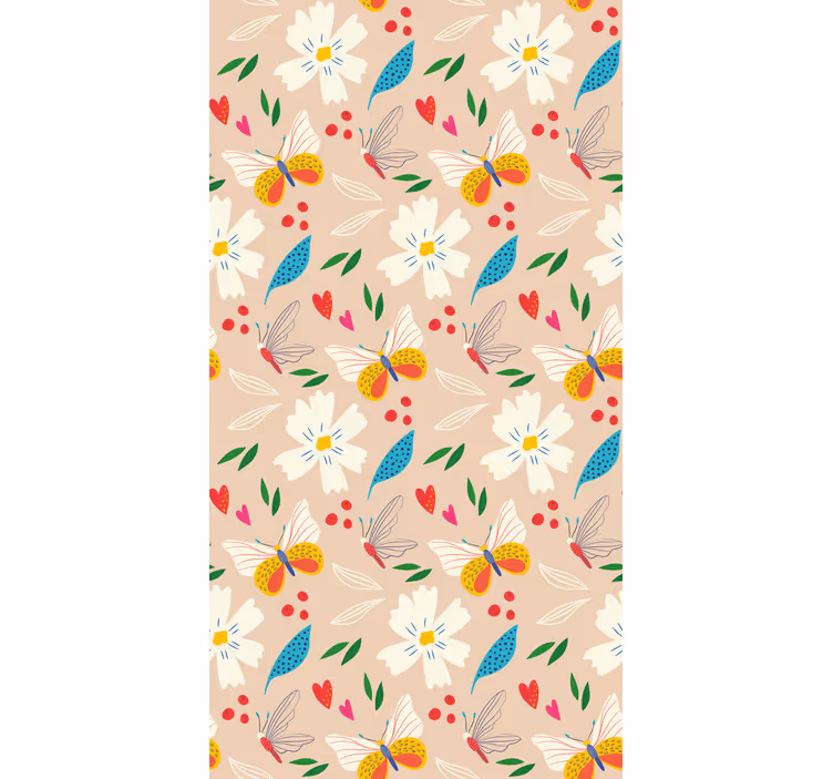 Papel tapiz infantil flores y mariposas fondo beige - TenVinilo