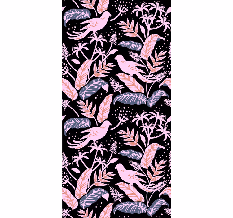 Papel tapiz infantil pájaros negros y rosas sobre hojas - TenVinilo