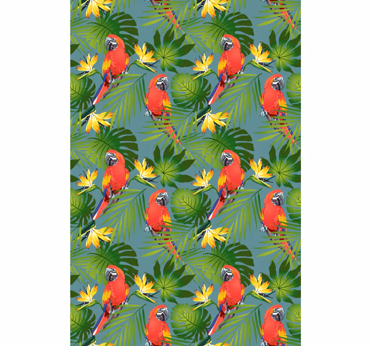 Papel tapiz infantil loros tropicales y hojas - TenVinilo