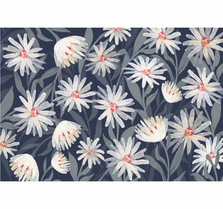 Papel tapiz cocina flores margaritas sobre fondo azul - TenVinilo