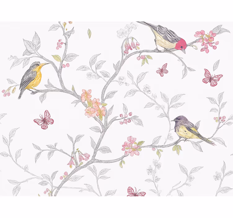 Papel tapiz recámara matrimonial pájaros en ramas - TenVinilo